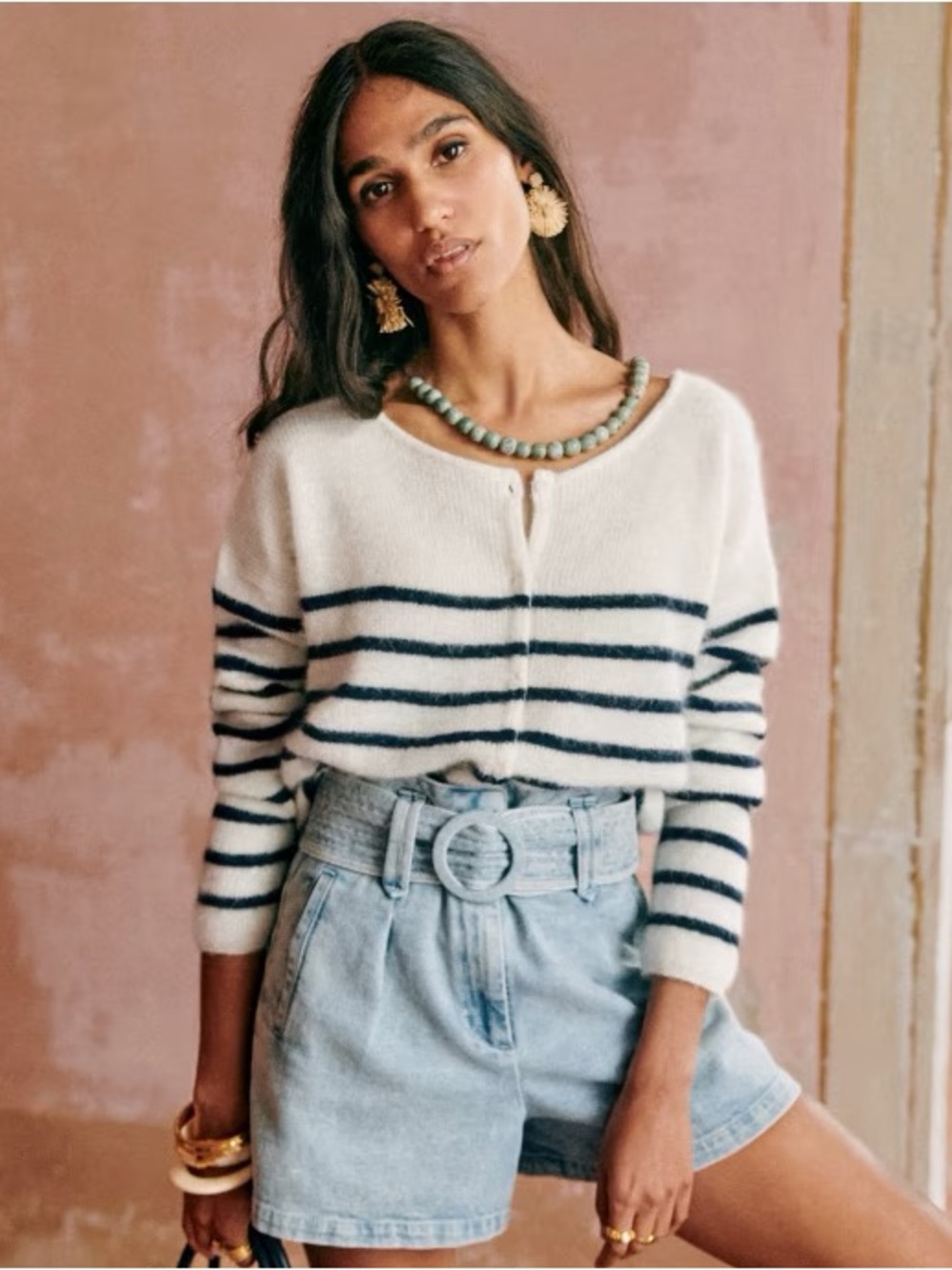 Sezane Striped Gaspard Cardigan - Ecru & Navy
